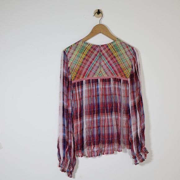 Anthropologie Bl-nk London Miranda Plaid Peasant Blouse Red Blue Medium Boho - Picture 4 of 12